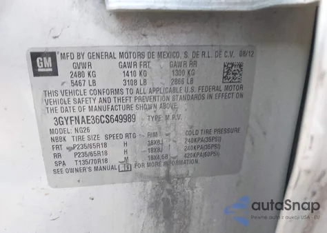 2012 Cadillac Srx Luxury Collection z USA, uszkodzony, nr VIN 3GYFNAE36CS649989